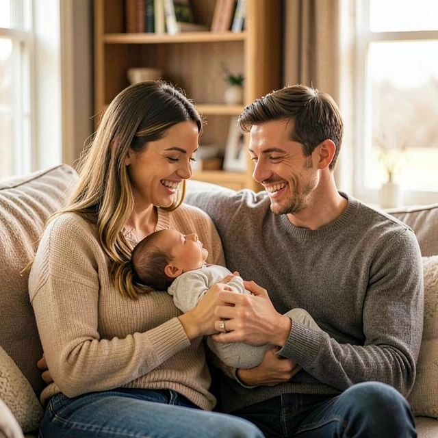 Happy couple cradling their newborn after a successful fertility journey
