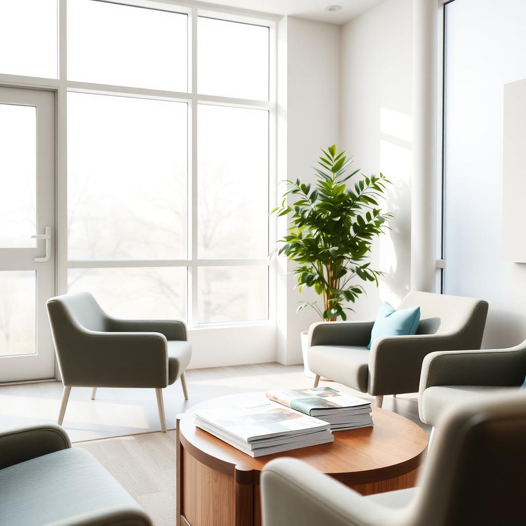 A modern fertility clinic waiting room with chairs, a plant, and brochures.