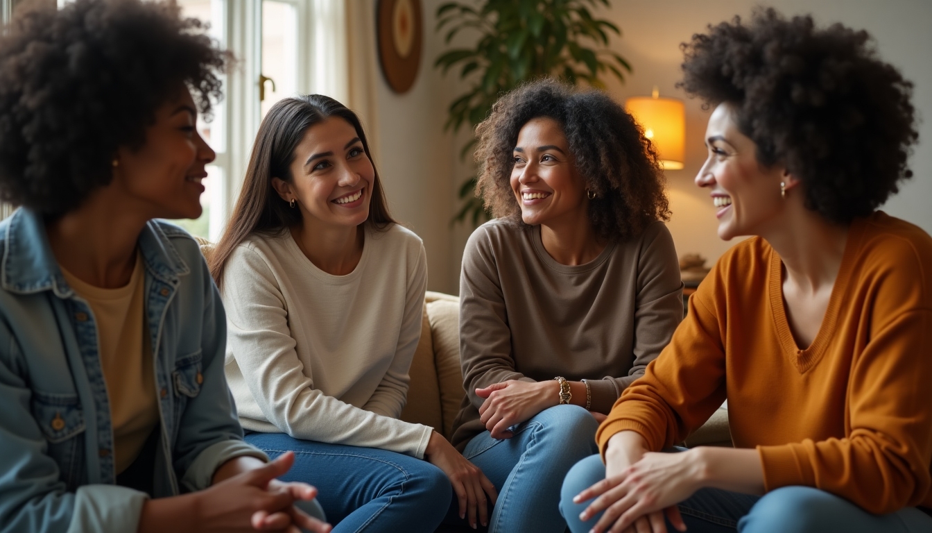 A close-up image of a support group meeting, diverse women sharing experiences, fostering a sense of community among those facing infertility.