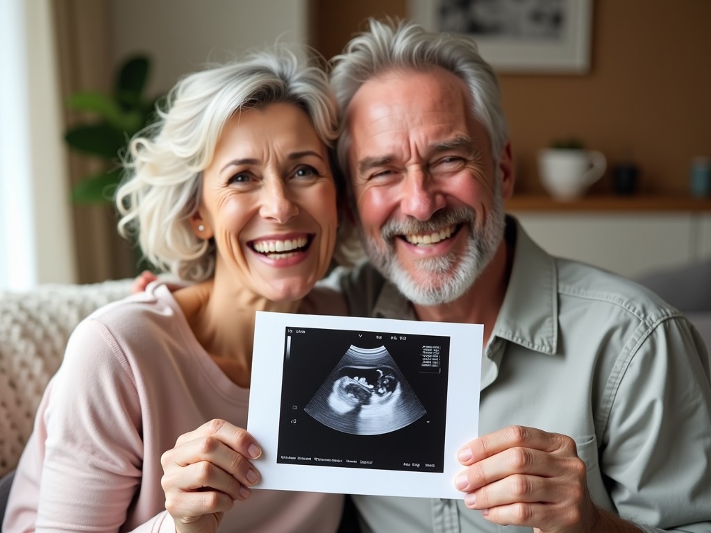 Happy couple in their 40s smiling and holding a sonogram photo.