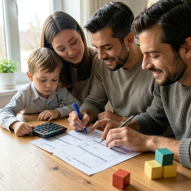 Family discovering tax benefits while preparing documents together