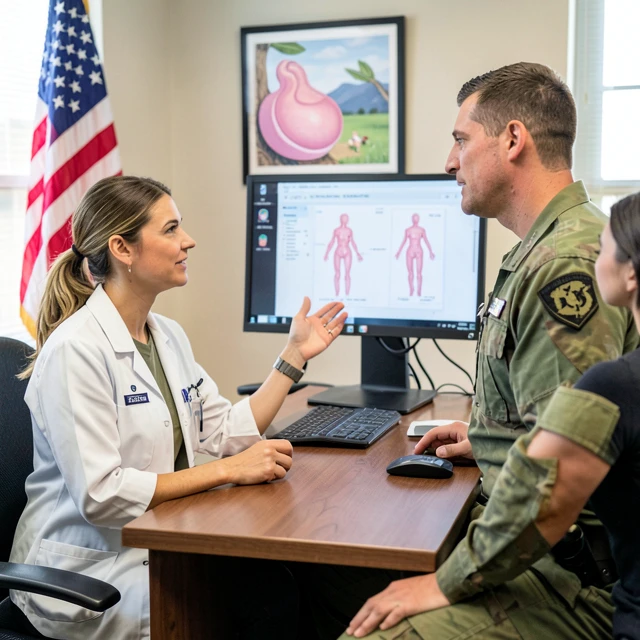 Doctor providing fertility preservation consultation to military couple