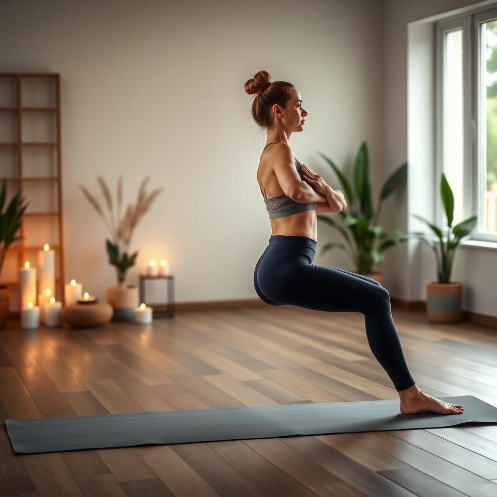 Woman practicing yoga in a serene, candlelit studio