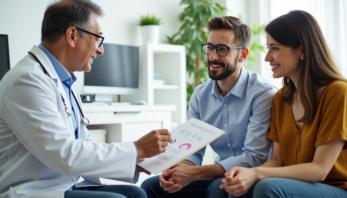 Doctor consulting with a couple about infertility treatment options in an office setting.