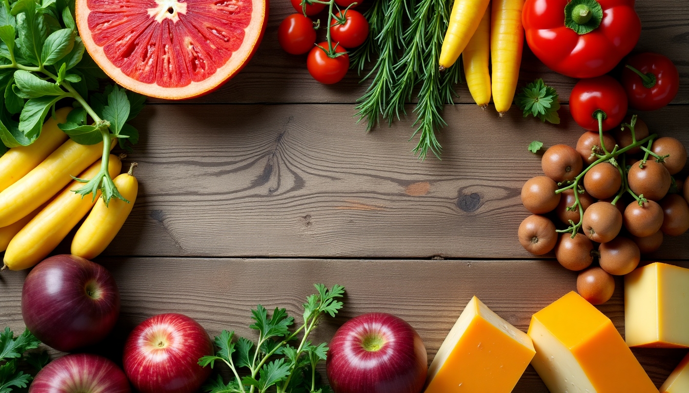 Healthy foods, including fruits, nuts, and greens, displayed on a rustic table.