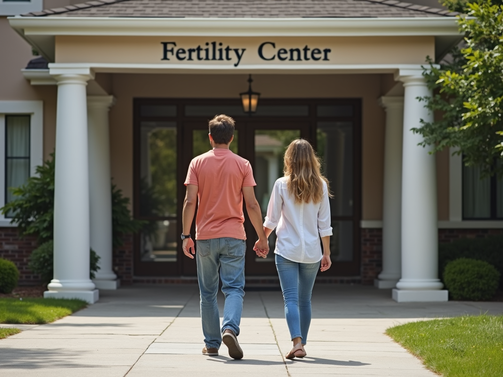 Couple approaching fertility clinic entrance