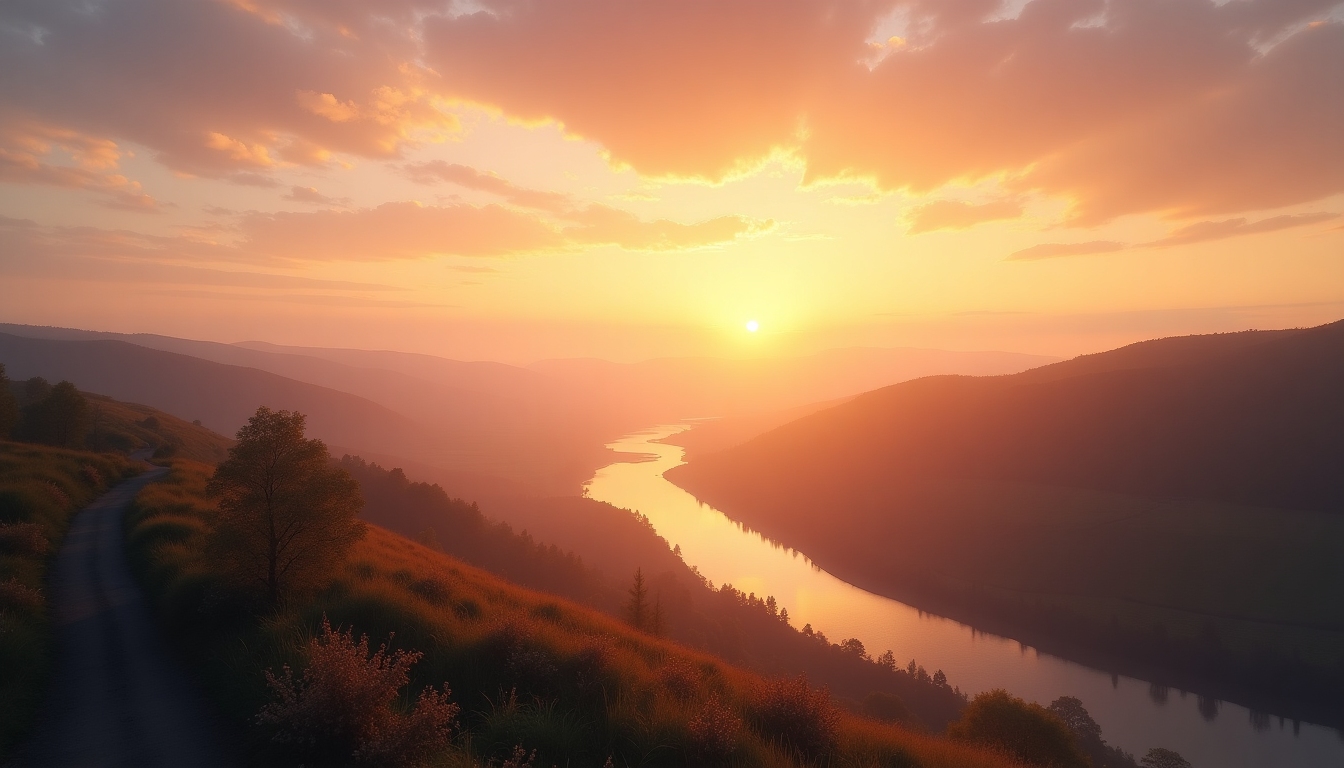 A peaceful scene of a sunrise landscape, symbolizing hope and new beginnings.