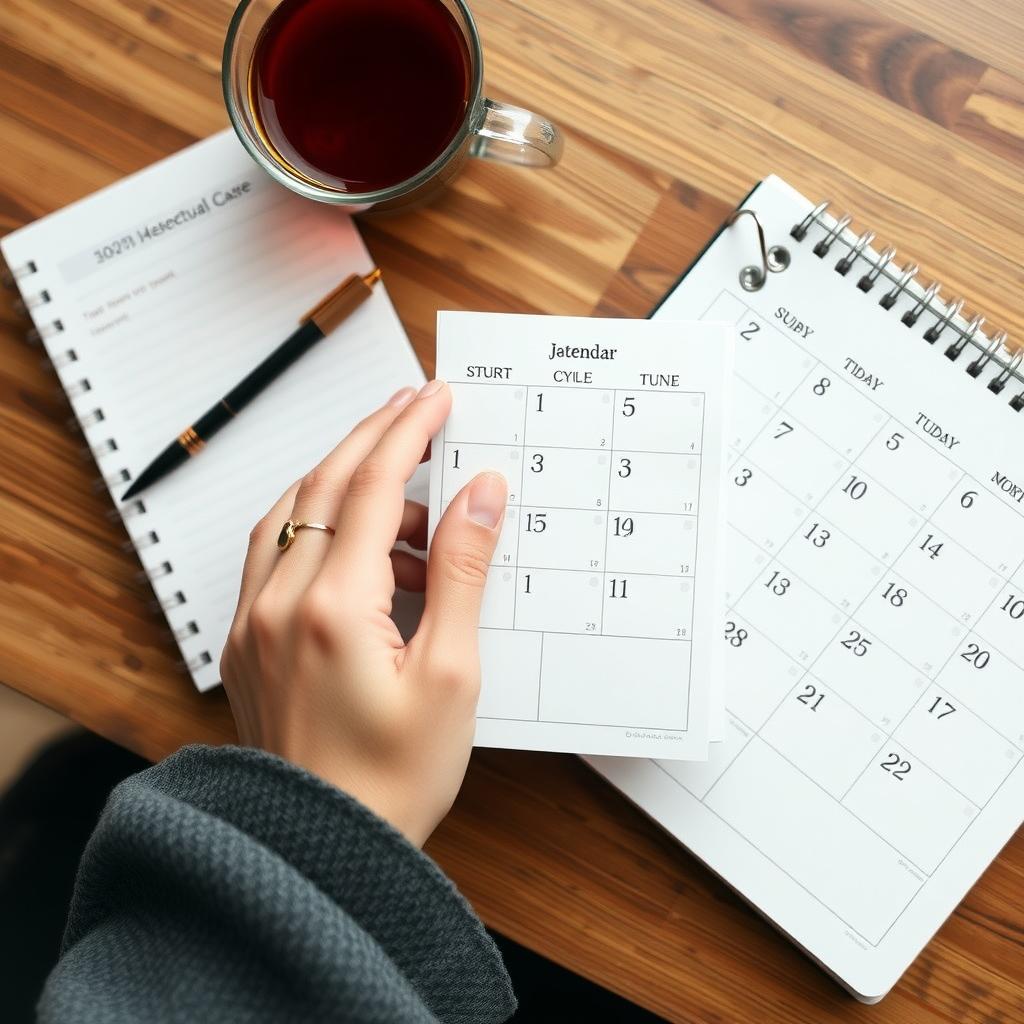 Woman’s hand holding a calendar tracking menstrual cycles on a desk