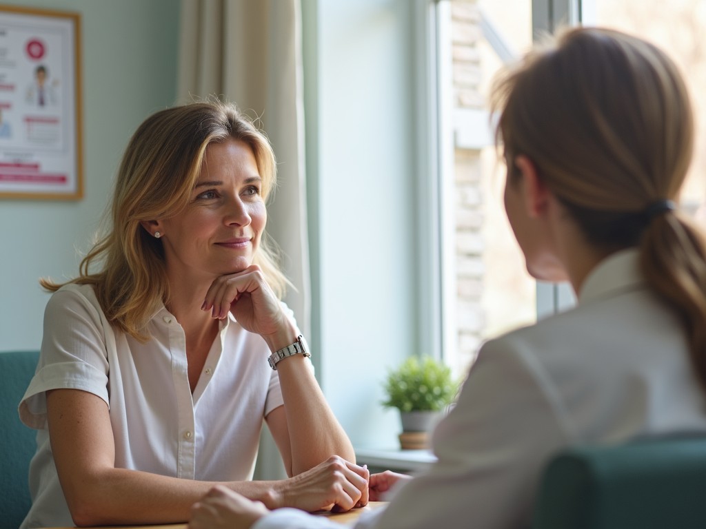 A woman looking thoughtful during a fertility consultation