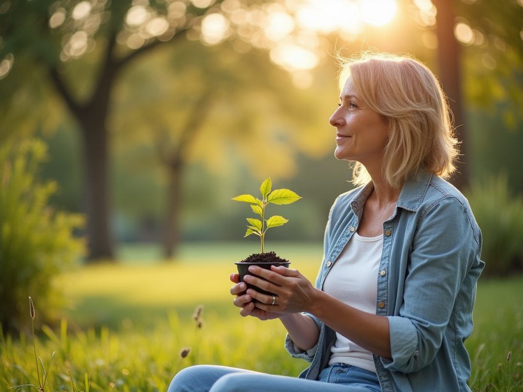 Woman holding a plant in a garden, symbolizing hope and growth