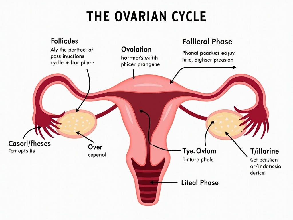 An illustration of the ovarian cycle with highlighted phases for ovulation, often used in PCOS treatment education.