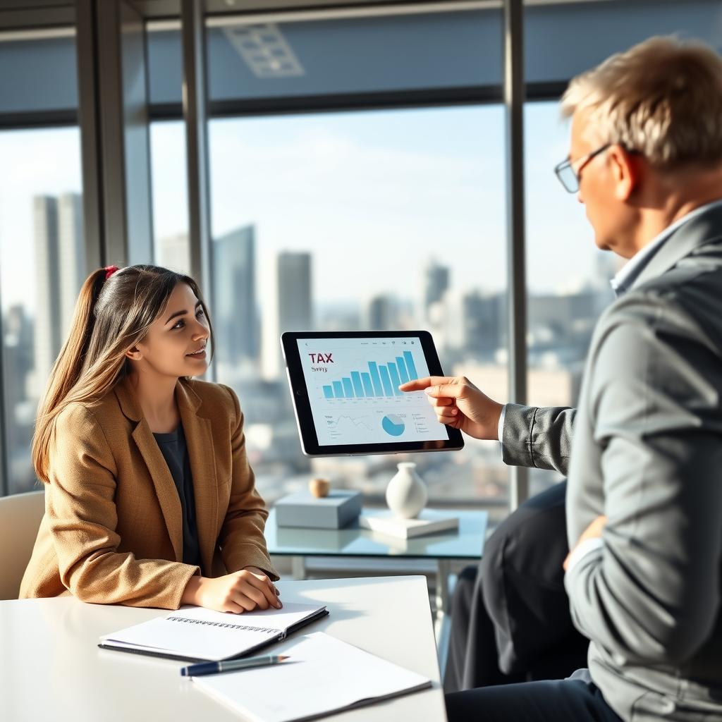 Financial advisor discussing tax savings with a couple in a modern office.