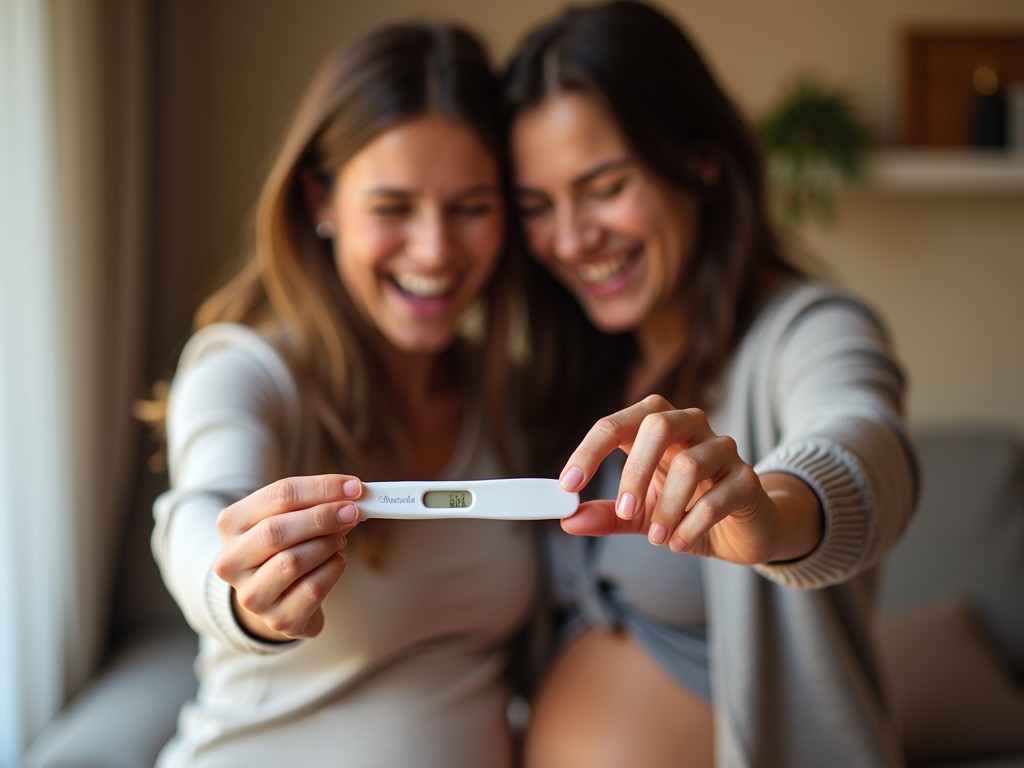 A couple holding a positive pregnancy test, overwhelmed with emotion and happiness.