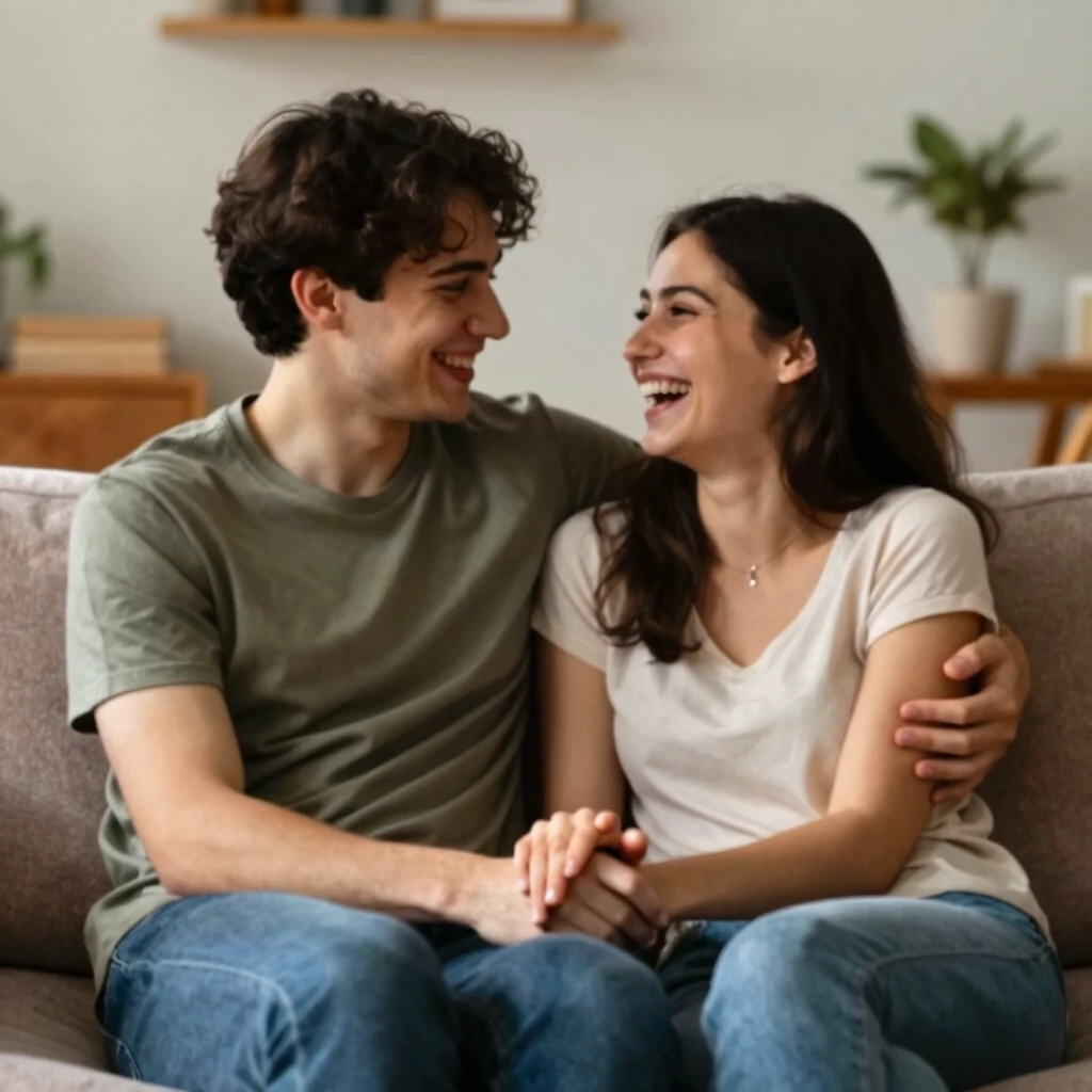 A loving couple holding hands and embracing supportively on a couch, symbolizing hope during infertility