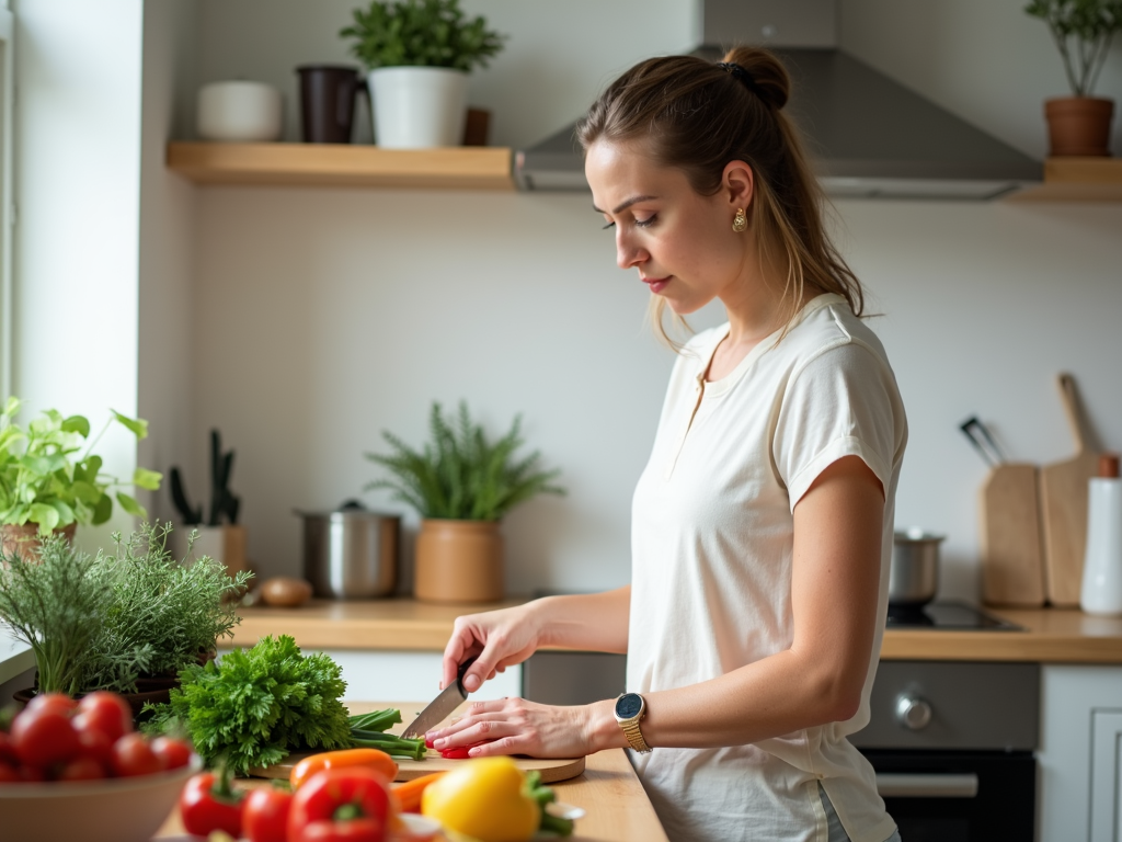 A woman preparing fresh veggies in a sunny, modern kitchen