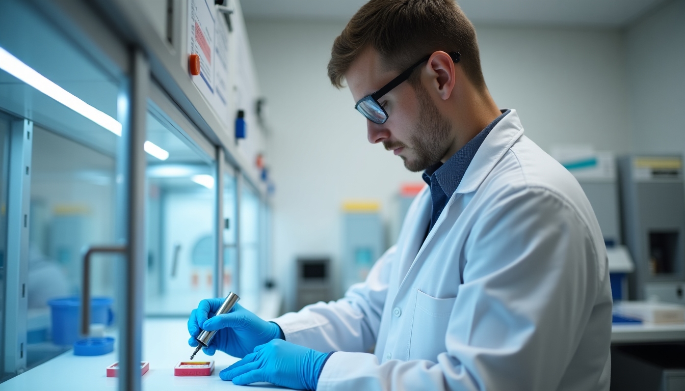 Laboratory technician prepares sperm samples for cryopreservation using specialized equipment.