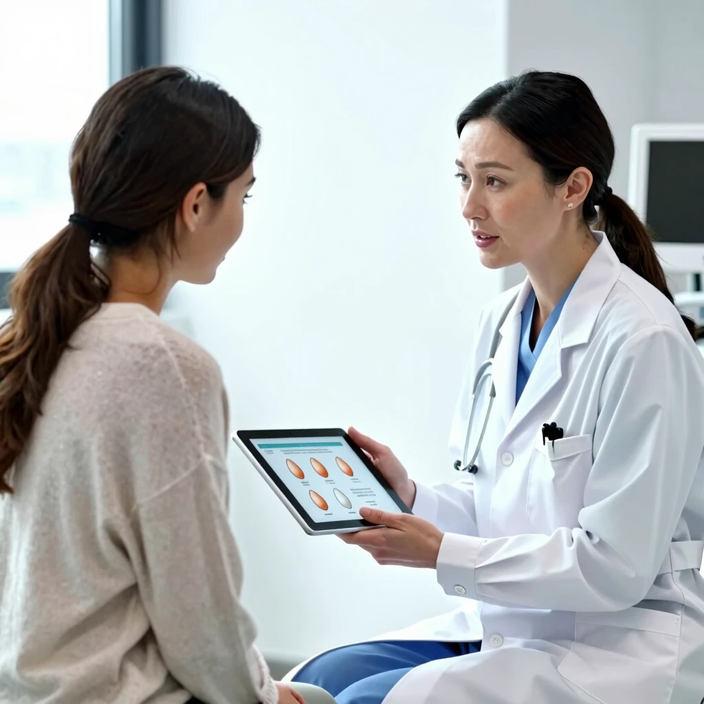 Doctor compassionately discussing fertility preservation options with a young female cancer patient in a clinic