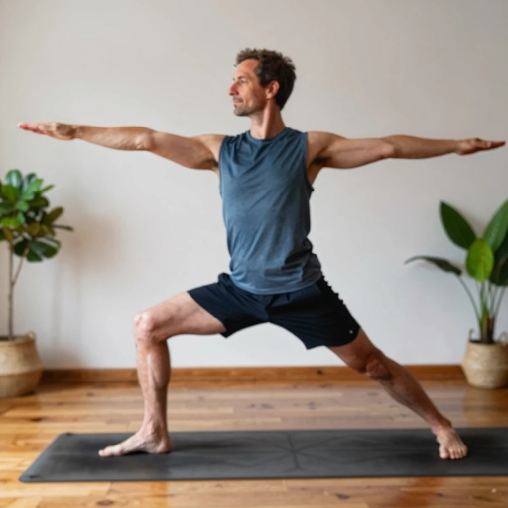 Man in warrior yoga pose in a serene indoor space