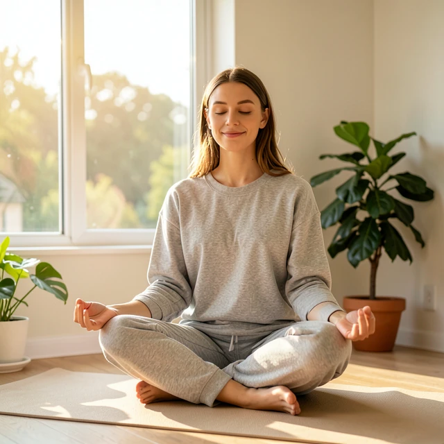 Beginner woman meditating peacefully at home for stress relief and fertility support
