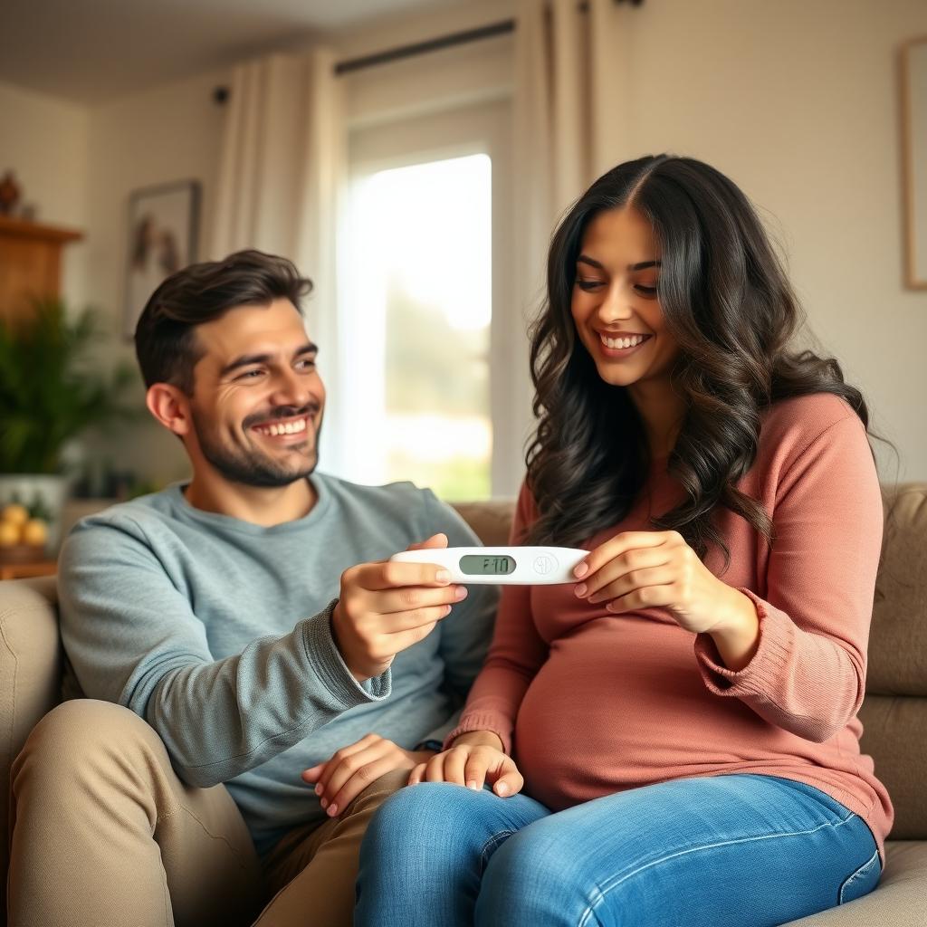 Couple smiling at a positive pregnancy test in a cozy living room.