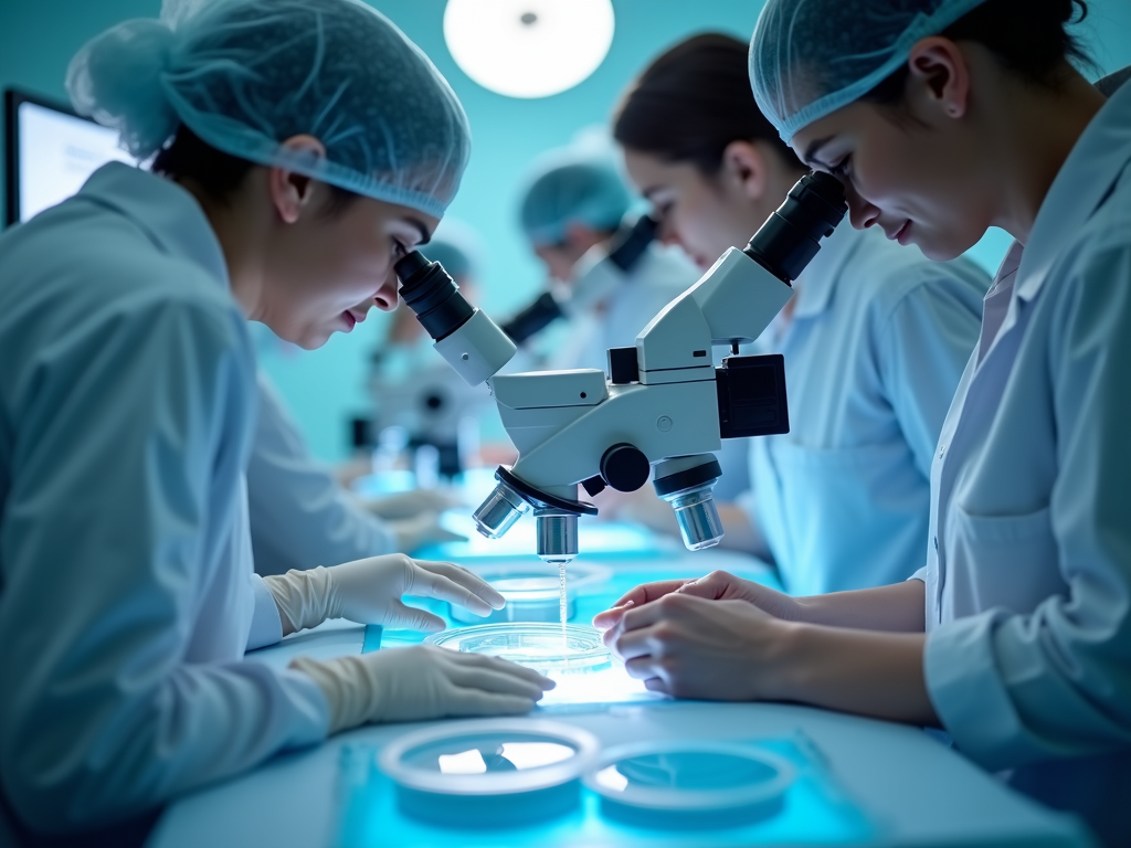 Embryologists preparing embryos for transfer in a laboratory setting.