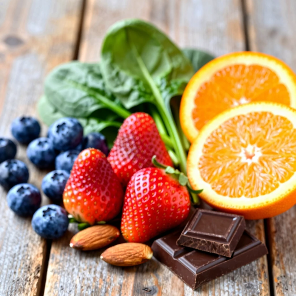 Vibrant display of antioxidant-packed fruits, vegetables, nuts, and chocolate