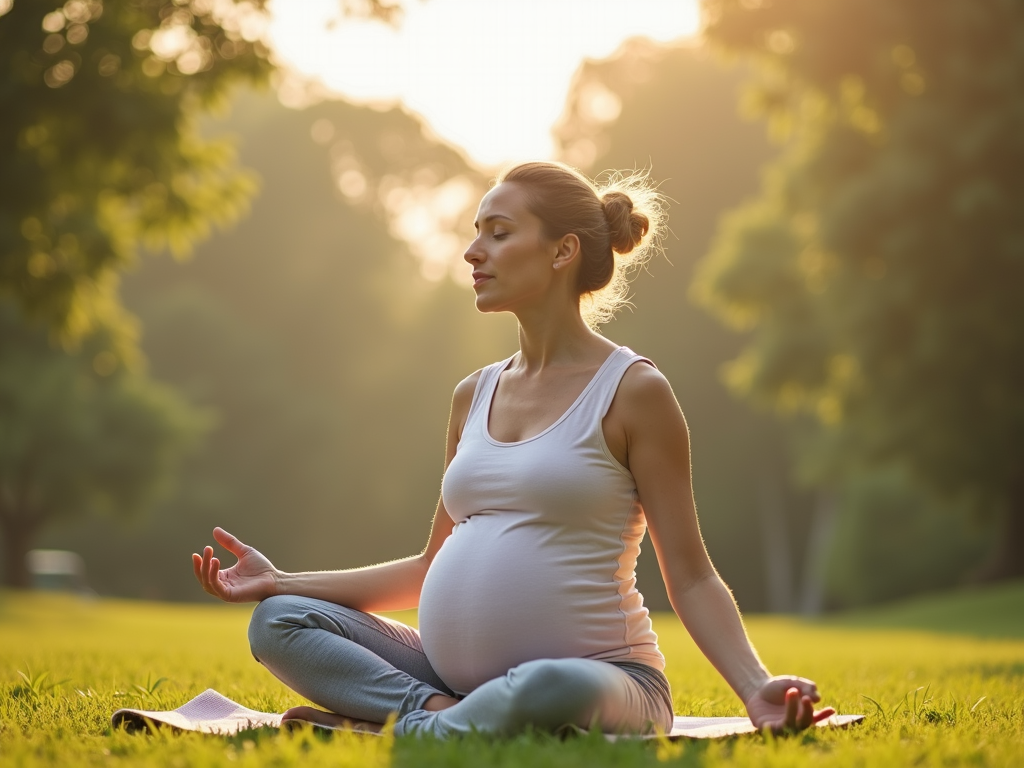 A pregnant woman practicing yoga in a serene outdoor setting, symbolizing relaxation and well-being during an IVF pregnancy.