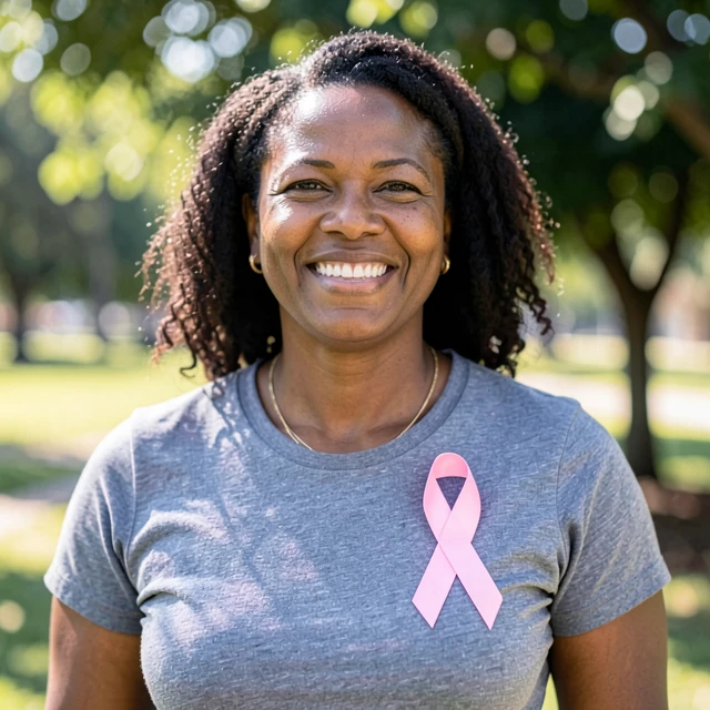Confident breast cancer survivor smiling with pink ribbon