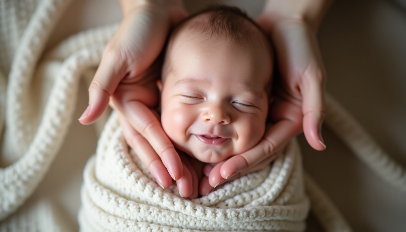 Baby smiling in a parent’s hands