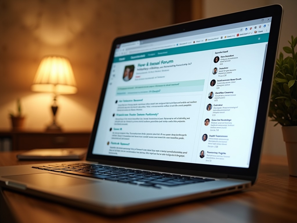 Online forum discussion on a laptop with individuals sharing their fertility experiences.