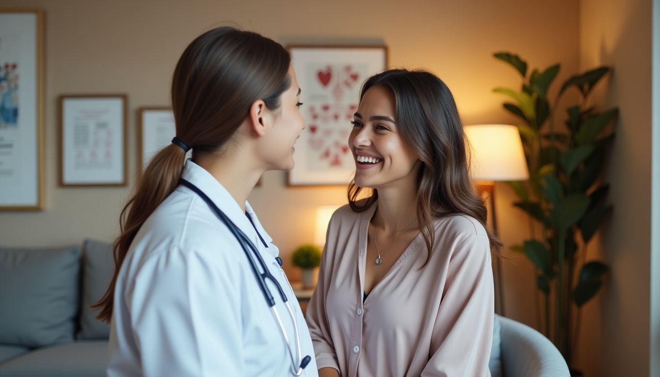 A doctor and patient sharing a handshake in conclusion of a successful IVF consultation, in a warmly lit room.