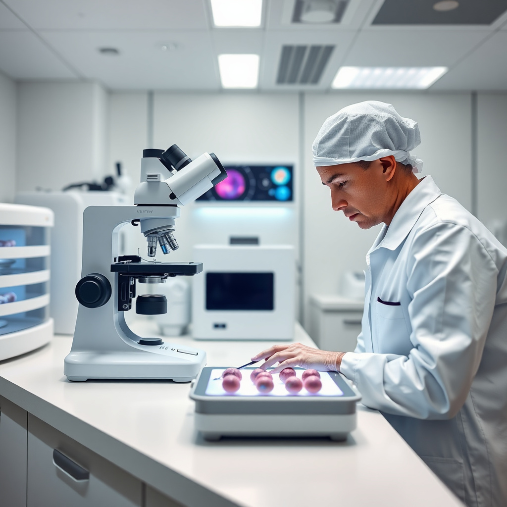 Embryologist working on IVF embryos in lab
