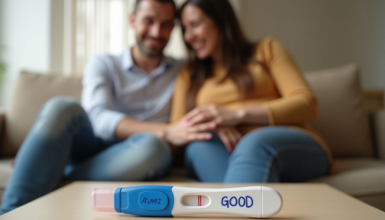 Couple celebrating a positive pregnancy test