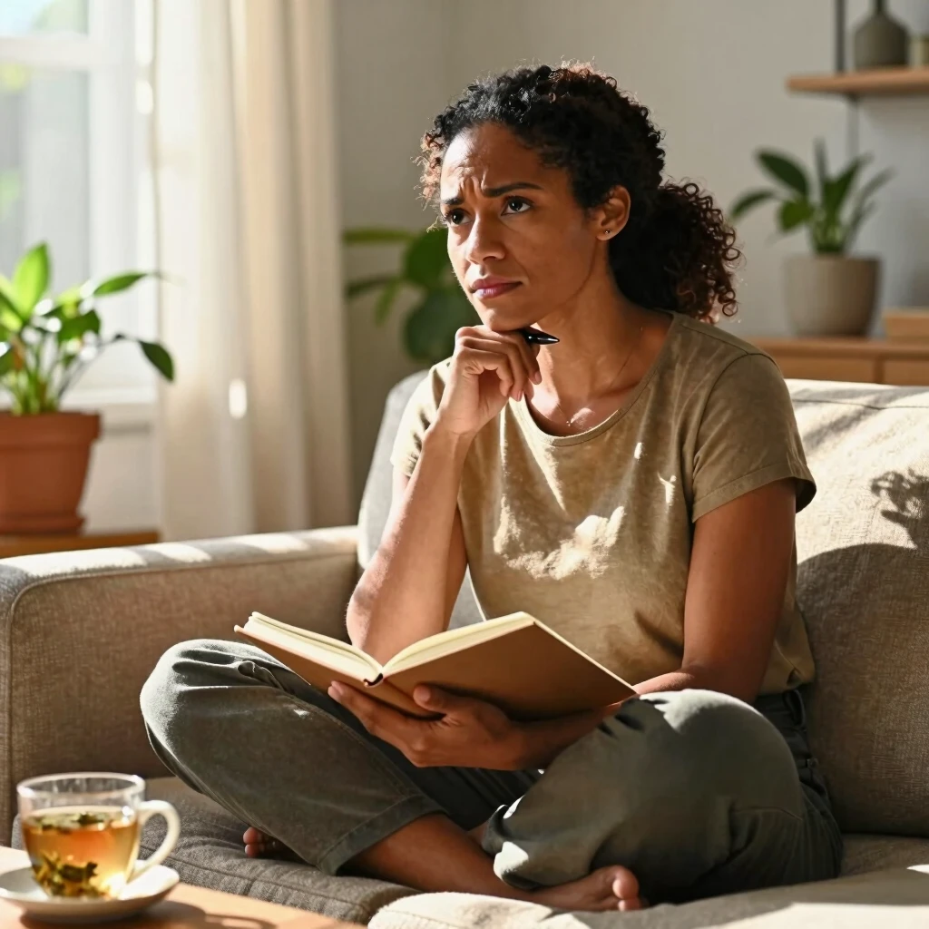 Woman journaling thoughtfully in a sunlit room, embodying personal reflection during tough times