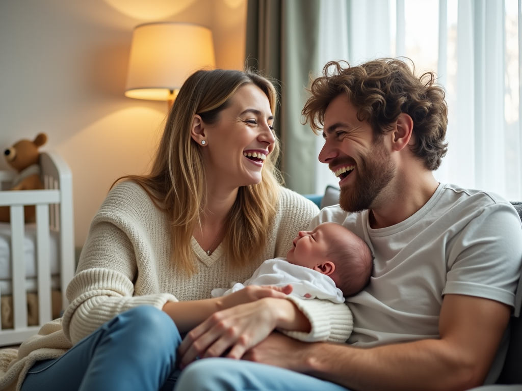 Couple smiling with their newborn in a nursery.