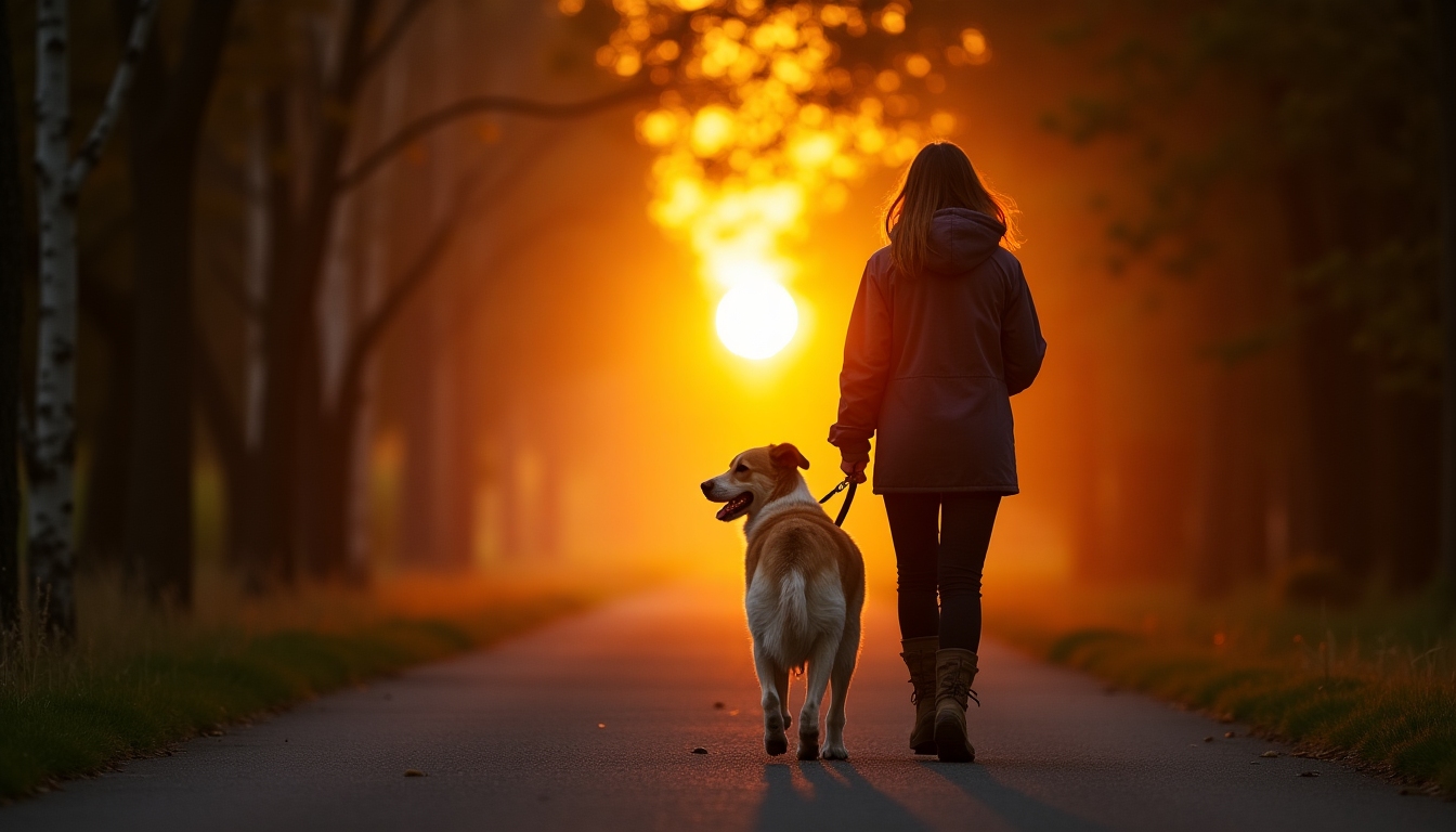 A person walking a dog at sunset, capturing a personal stress relief moment.