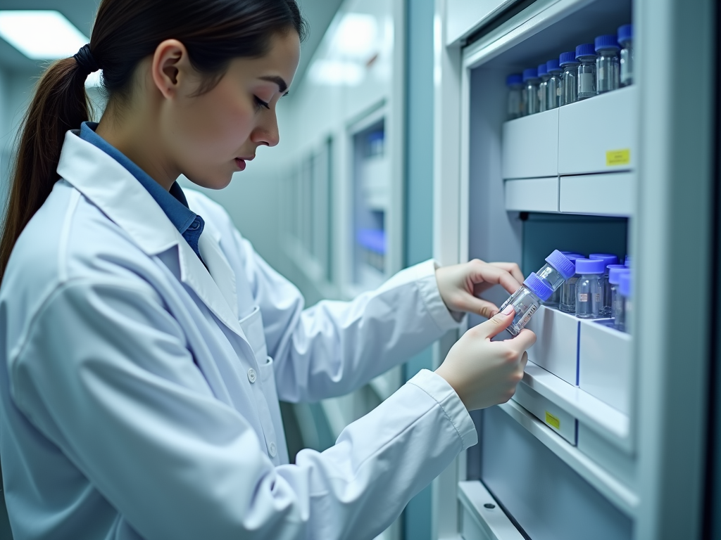 Technician freezing eggs or sperm in a lab
