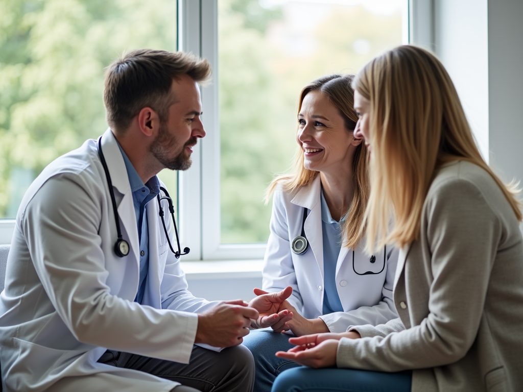 Doctor speaking with a couple in a fertility clinic consultation room.