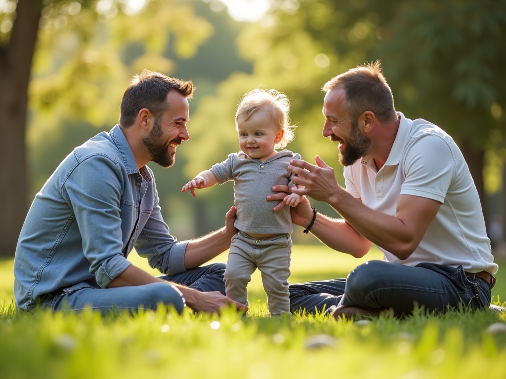 Two dads and their child laughing in a park, made possible through fertility preservation.