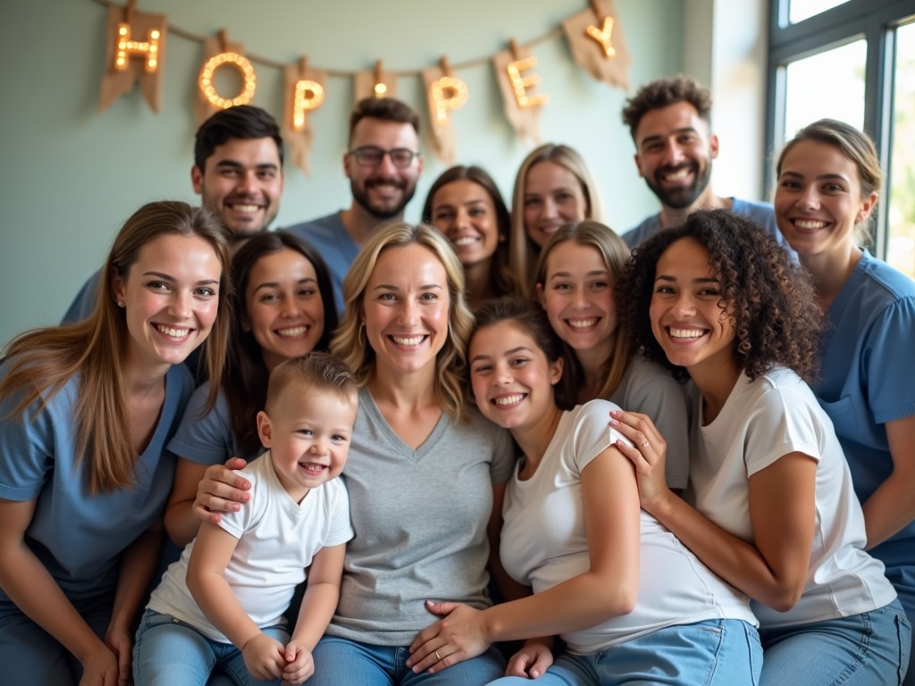 A group of diverse people embracing, smiling, and celebrating in a supportive clinic environment.