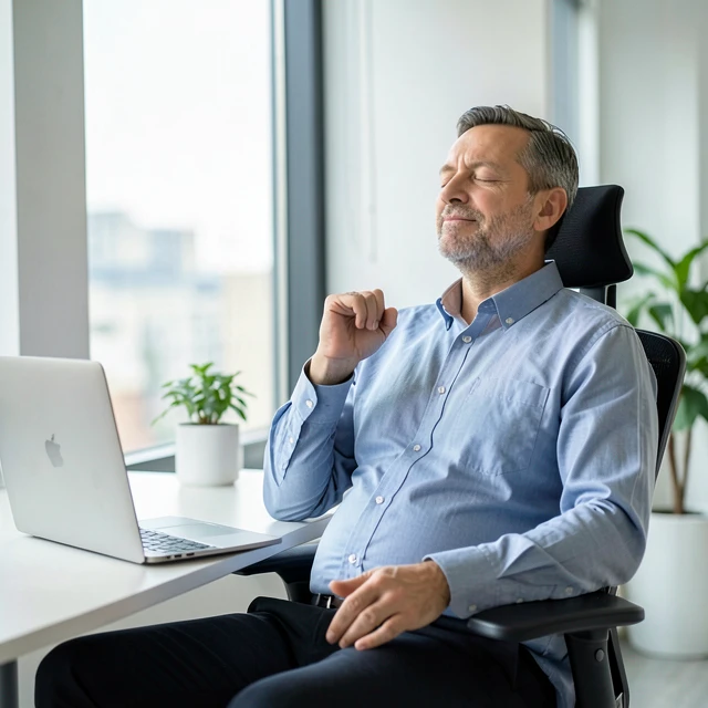 Professional man practicing belly breathing for calm and focus in office