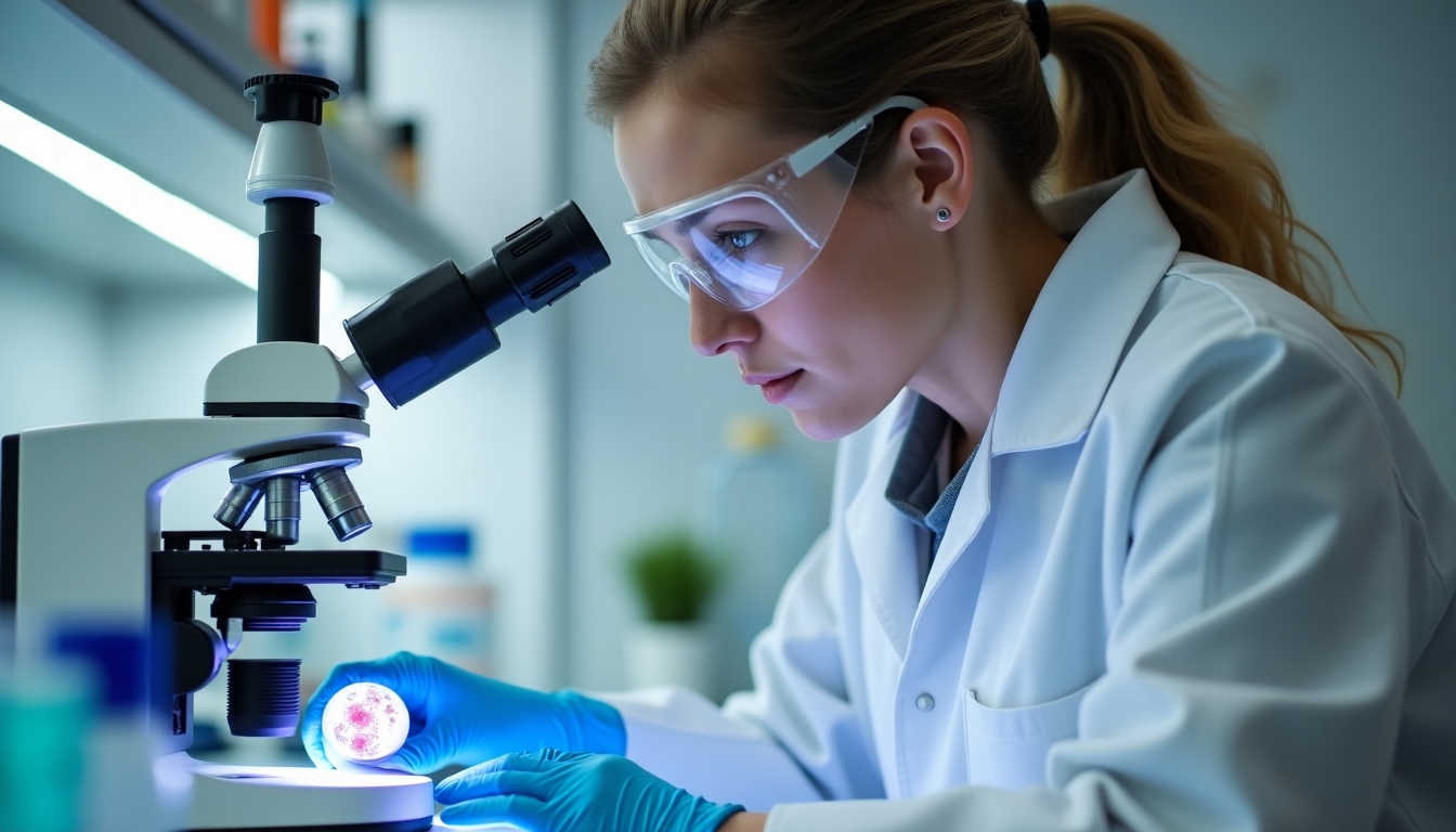 A lab technician examining embryo samples under a microscope, surrounded by advanced laboratory equipment.