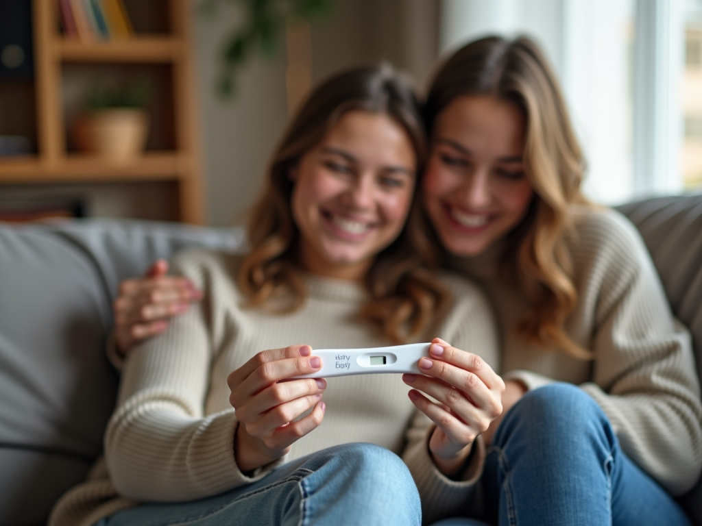 Couple celebrating a positive pregnancy test at home.