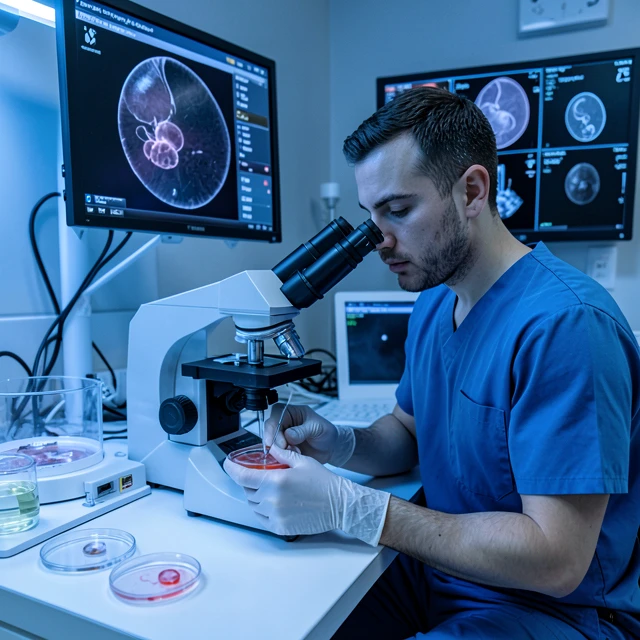 Embryologist handling embryos in IVF lab