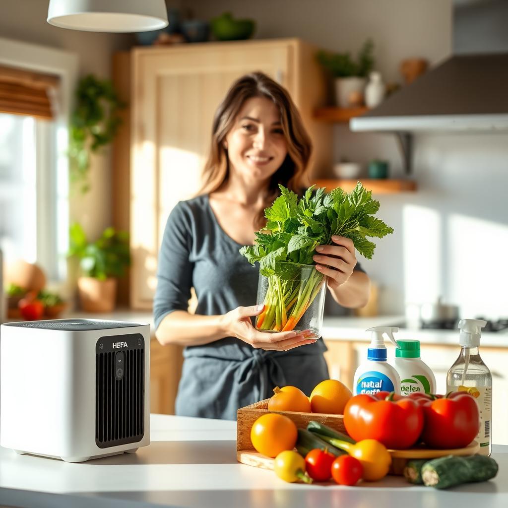 Woman in a kitchen with natural products and an air purifier, promoting a toxin-free environment