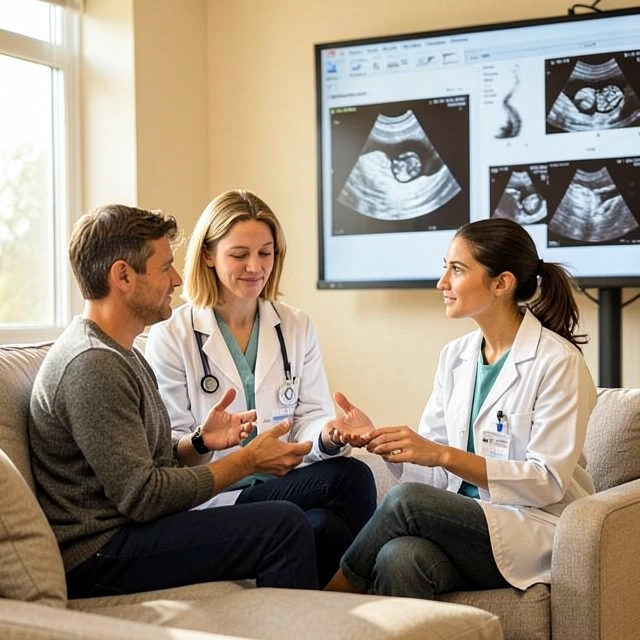 Doctor empathetically consulting with a couple on fertility options