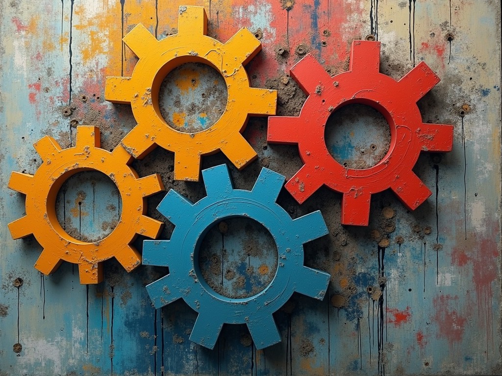 Three interconnected gears symbolizing the link between mental health, ejaculatory dysfunction, and relationships.