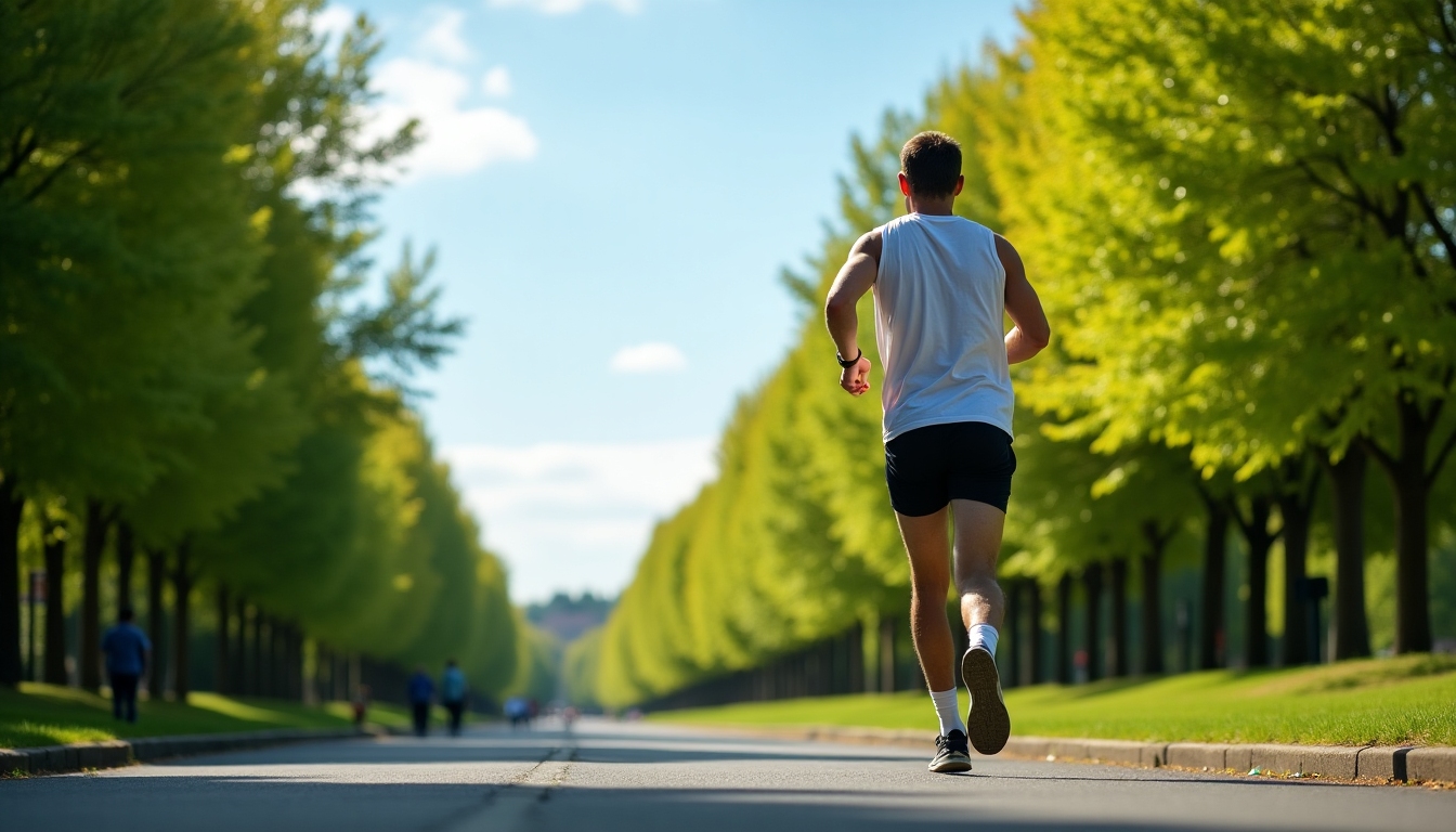 A man jogging in a park, surrounded by green trees, under a clear blue sky.