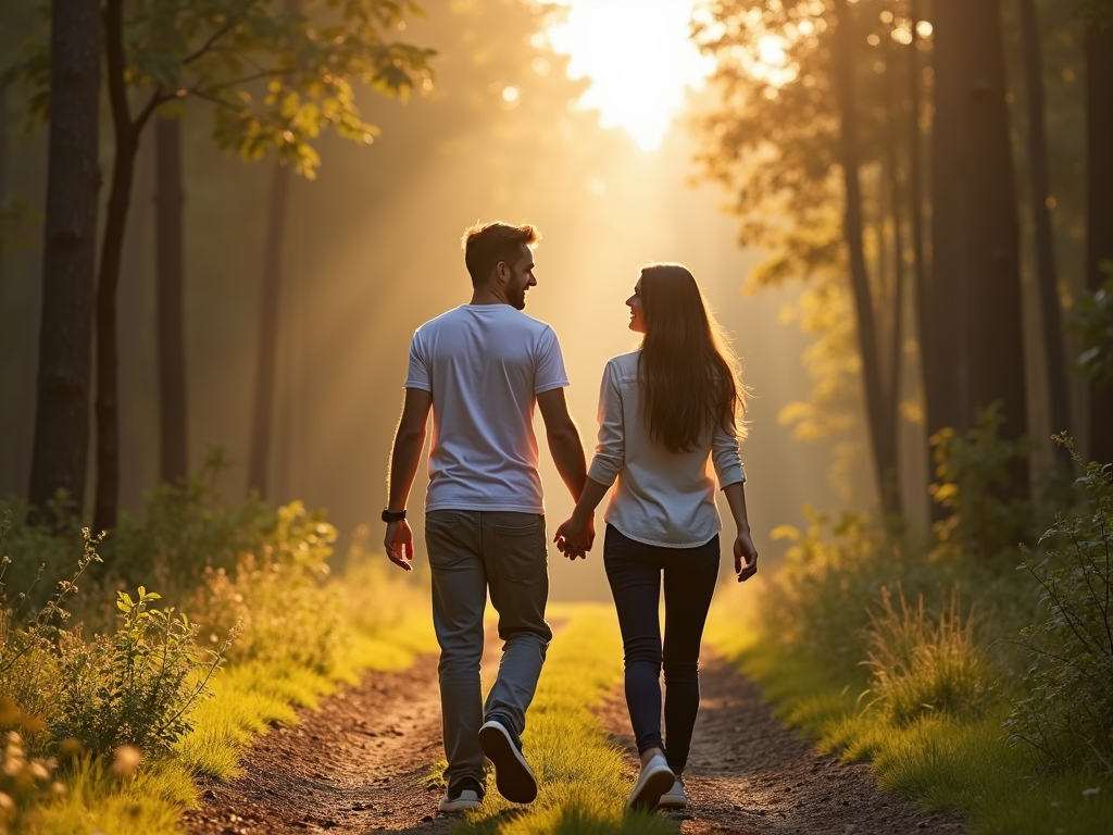 Couple walking hand-in-hand in forest