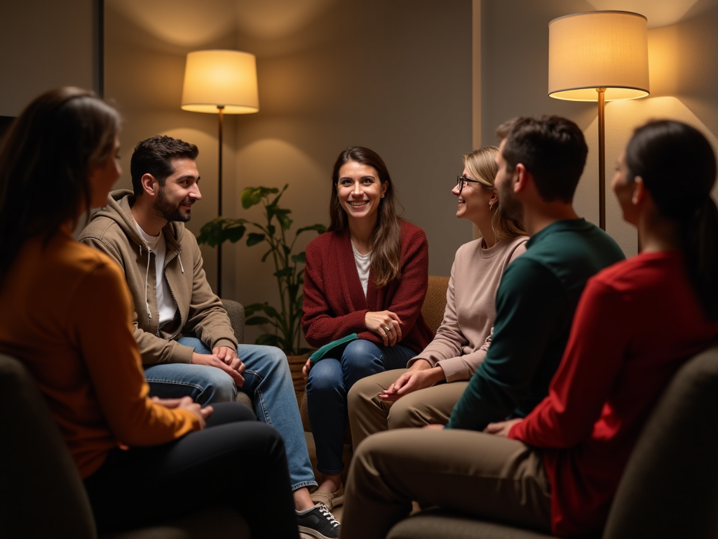 Support group meeting with diverse participants sharing experiences
